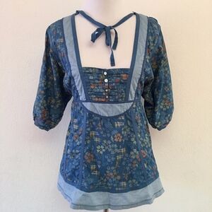 Replay Blue Peasant Cotton Blouse Size Small